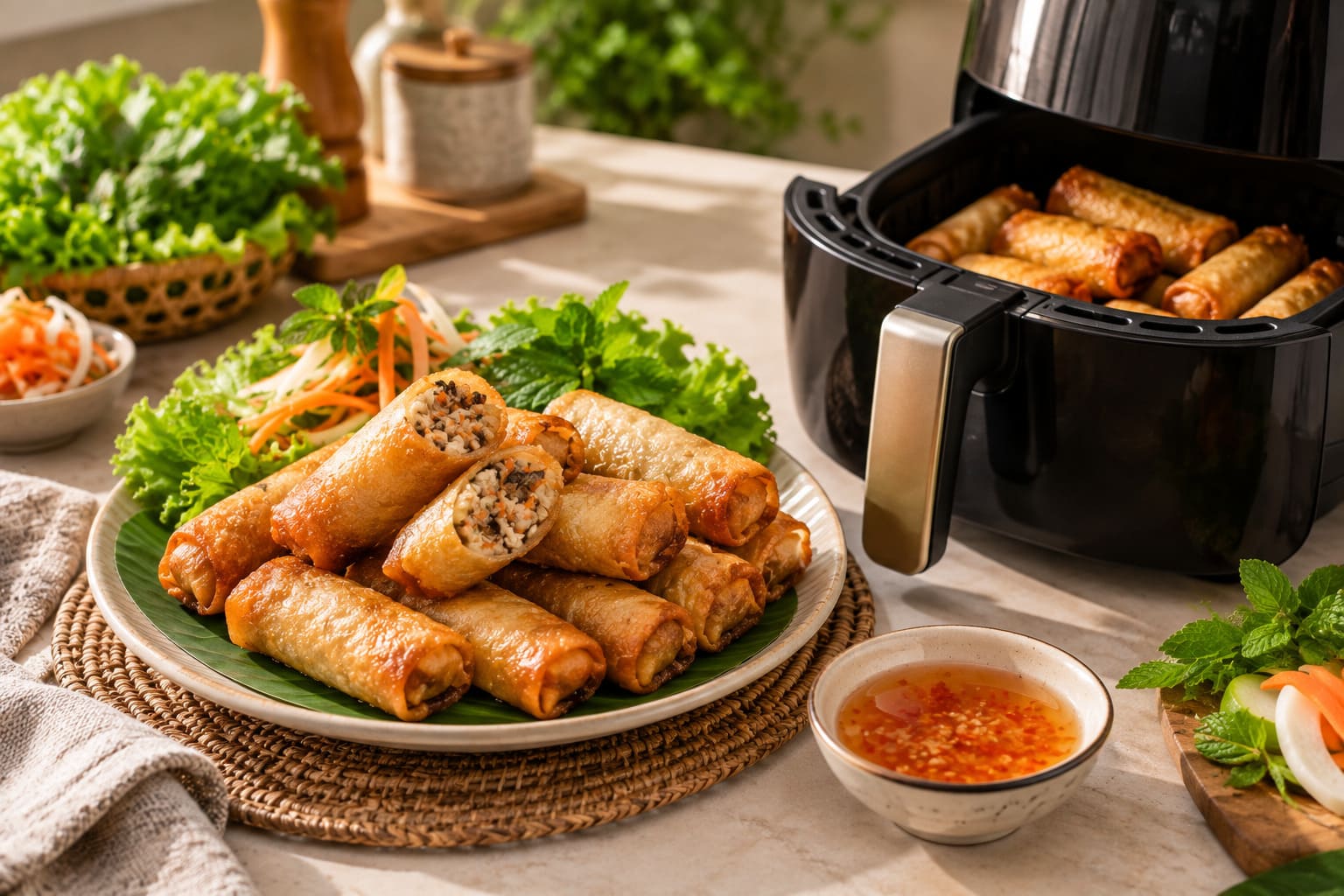 chiên chả giò đông lạnh bằng nồi chiên không dầu ngon