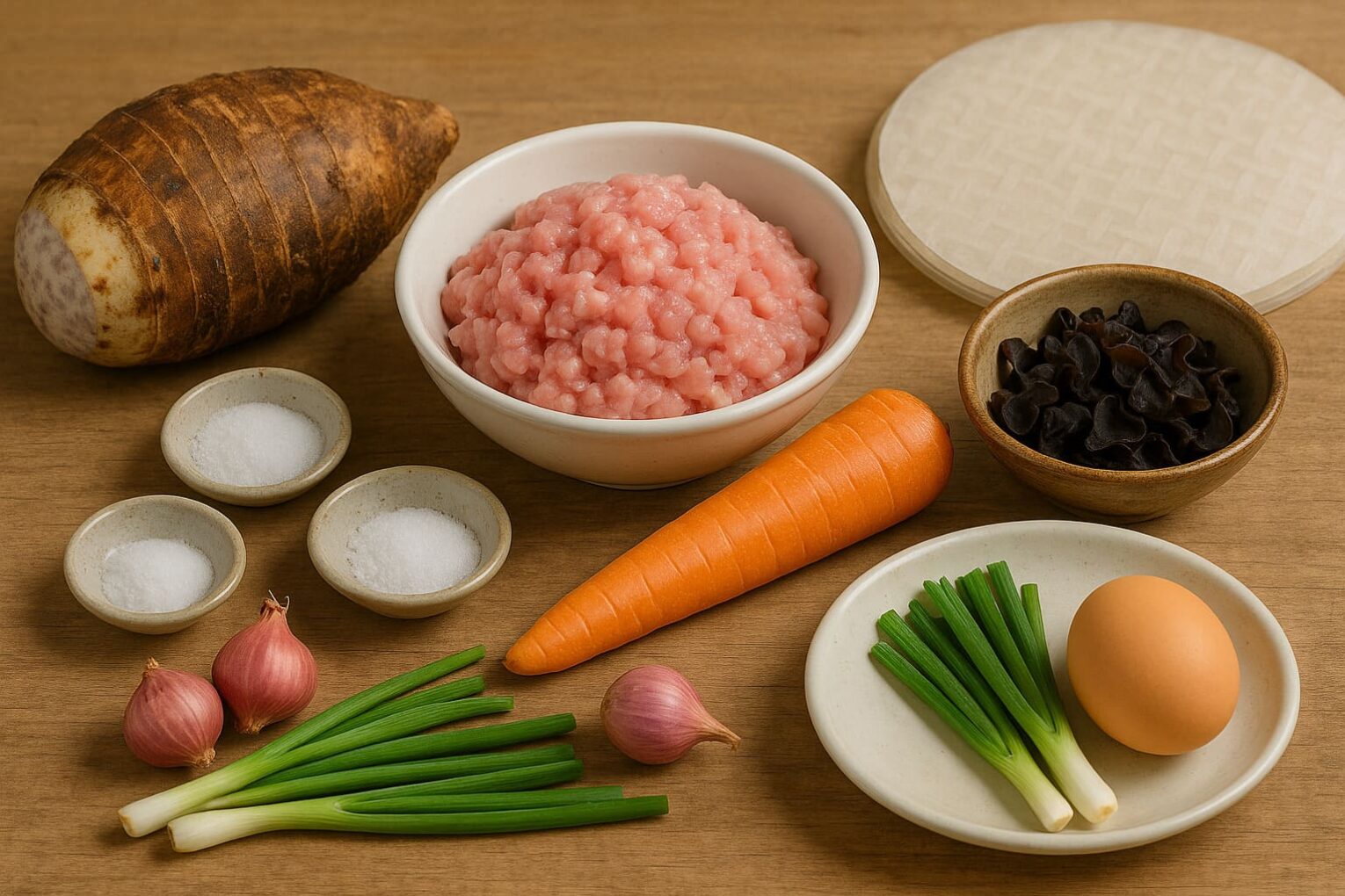 Nguyên liệu để làm món chả giò thịt khoai môn
